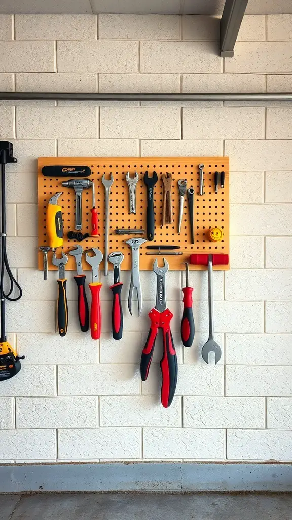 A pegboard with various tools organized on an orange background