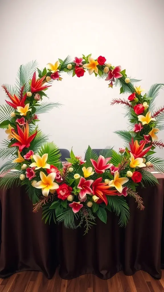 Colorful floral garland with tropical flowers and greenery on a table.