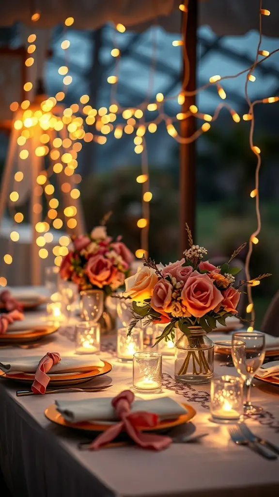 A beautifully decorated table with string lights, flowers, and candles, creating a warm and inviting atmosphere.