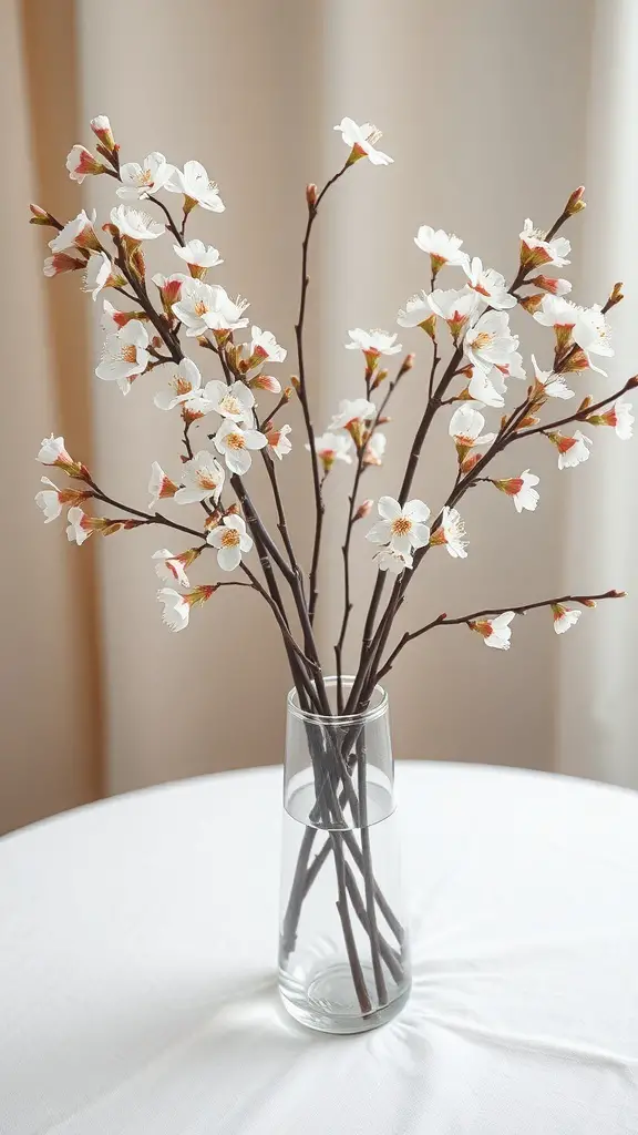 A vase filled with blooming cherry blossom branches on a table.