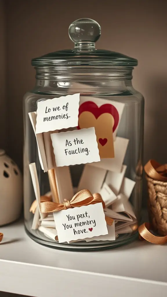 27+ Creative DIY Valentine’s Day Decor Ideas You’ll Love 10 A glass jar filled with colorful notes, some with messages of love, decorated with ribbons.