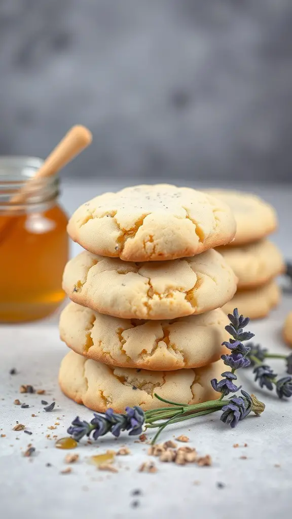 A stack of lavender honey cookies next to a jar of honey and sprigs of lavender.