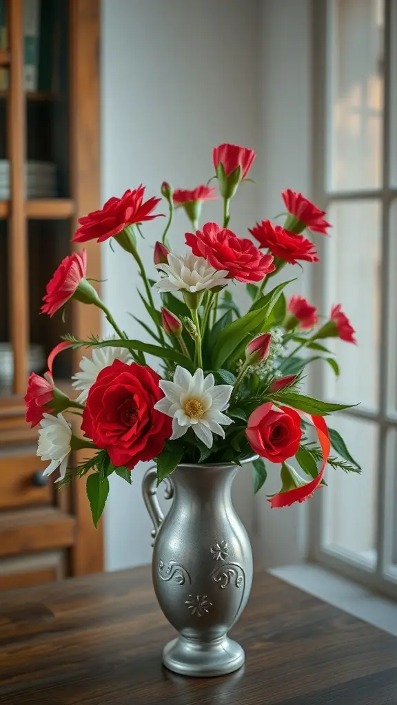 A vibrant floral arrangement featuring red roses and white daisies in a silver vase, set against a cozy background.