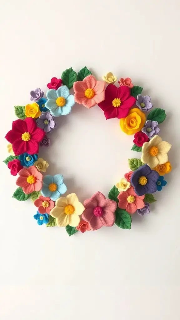 A colorful felt flower spring wreath with various flowers and leaves.