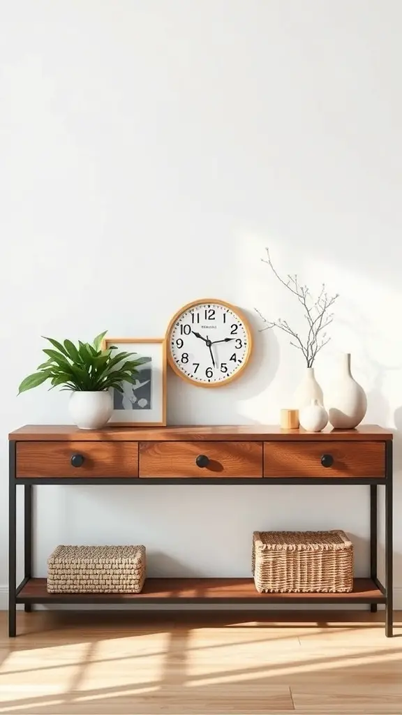 27+ Stunning Console Table Decor Ideas You Need to Try 10 A console table featuring a mix of modern and traditional decor elements.