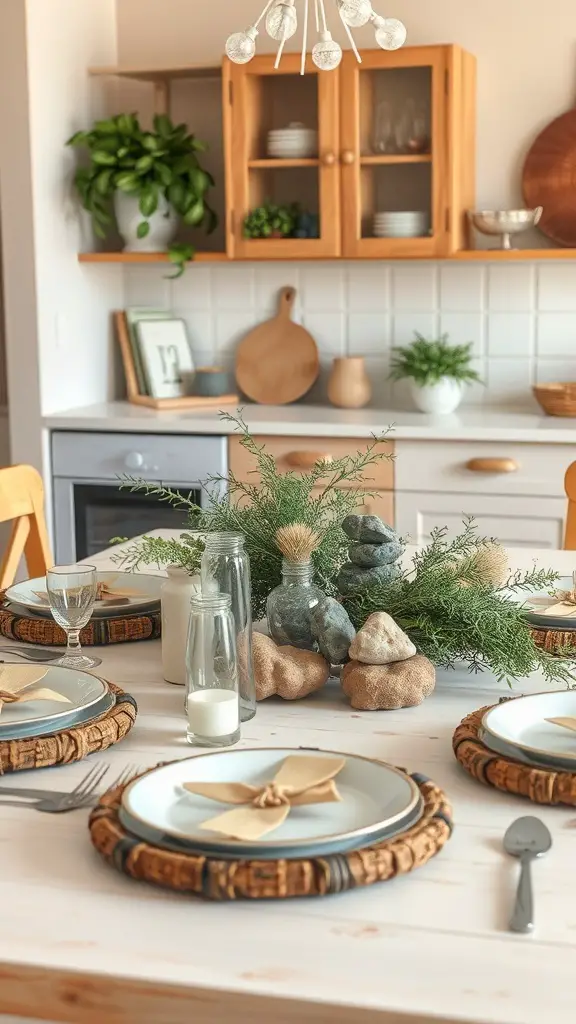 A beautifully set kitchen table with natural elements like greenery, stones, and wooden accents.