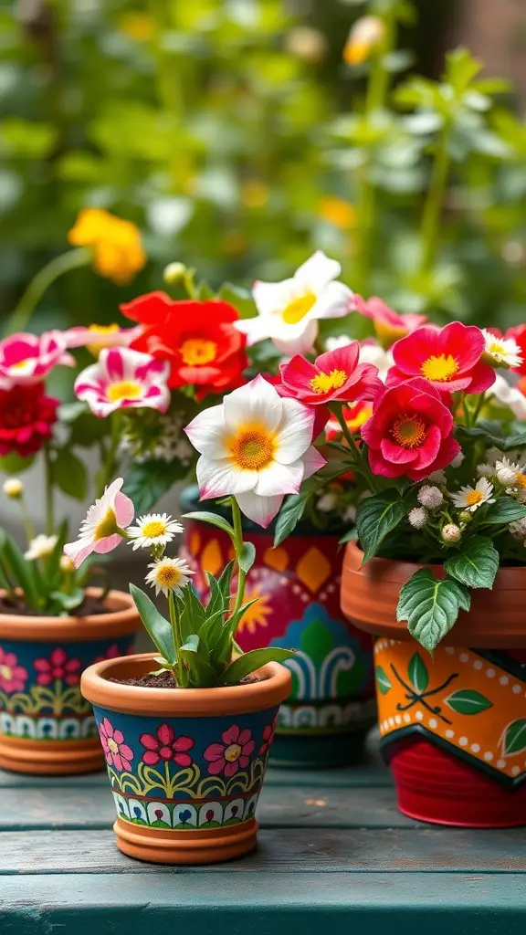 Colorful painted terracotta pots filled with flowers