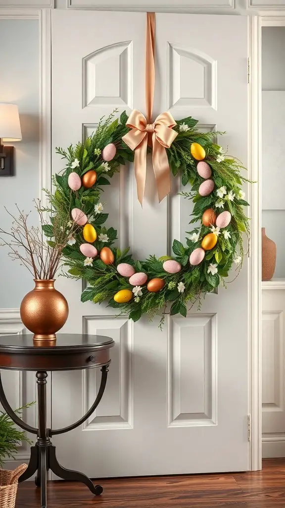 A decorative Easter wreath with pastel-colored eggs and greenery, hanging on a door.