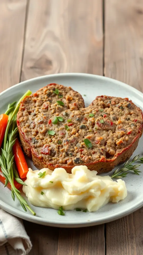 A heart-shaped meatloaf served with mashed potatoes and vegetables on a plate.