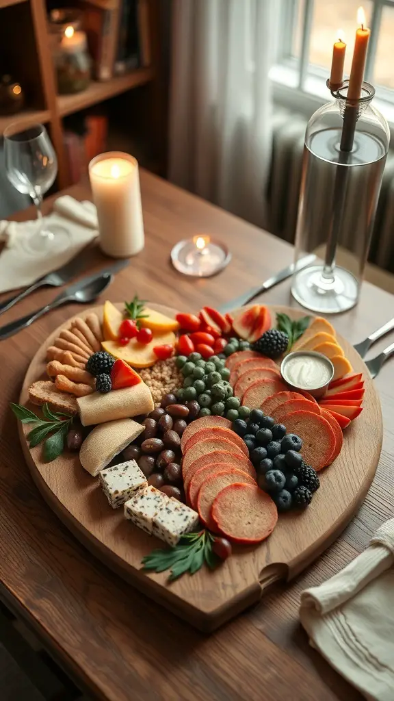 A heart-shaped charcuterie board with various meats, cheeses, fruits, and nuts, set on a wooden table with candles.