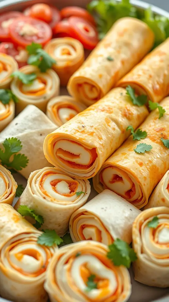 A platter of tortilla roll-ups filled with creamy cheese and garnished with cilantro, alongside fresh tomatoes.