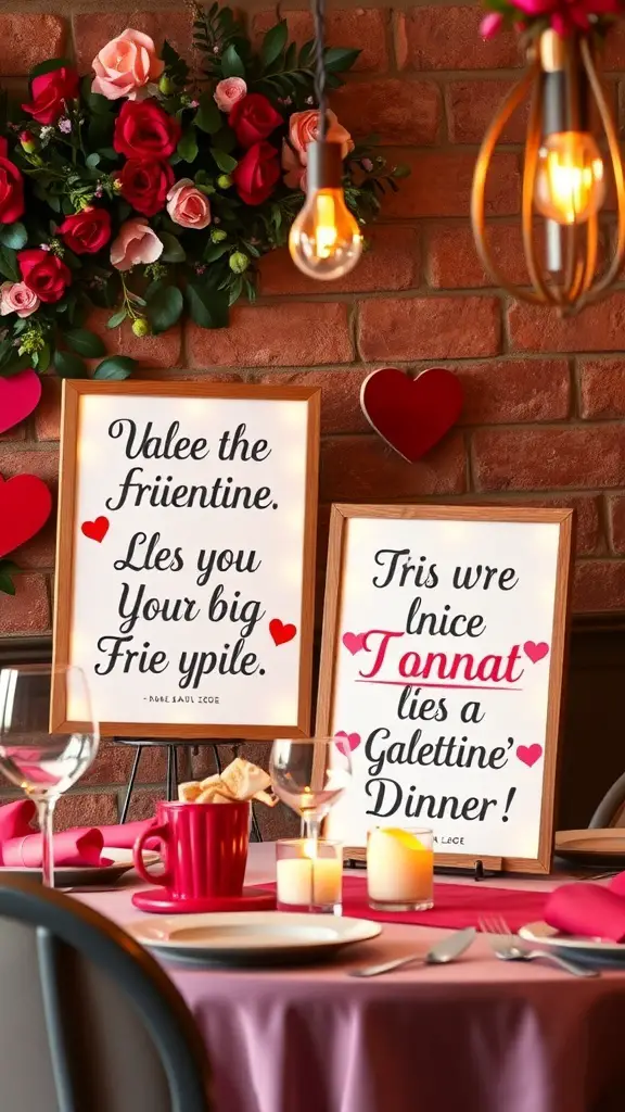 Decorative quotes for a Galentine's dinner party, featuring framed messages and floral arrangements.