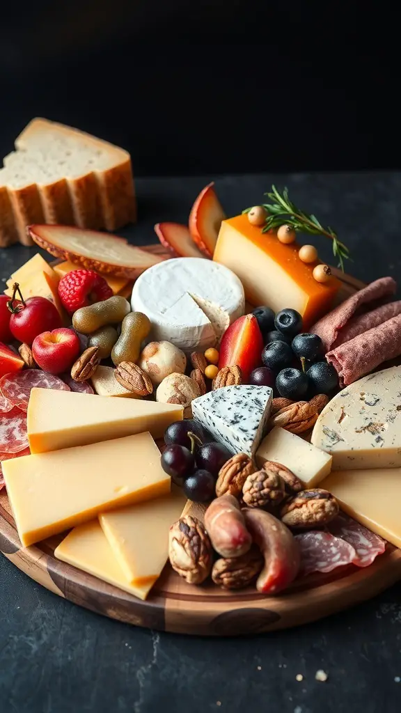 A beautifully arranged cheese and charcuterie board featuring various cheeses, cured meats, fruits, nuts, and bread.