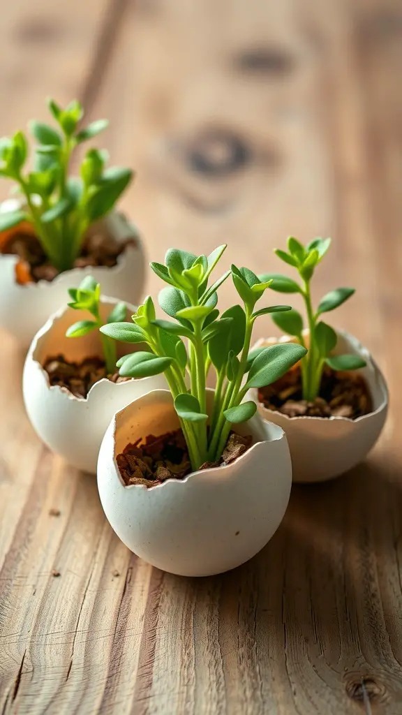 Eggshell planters with small green plants on a wooden surface