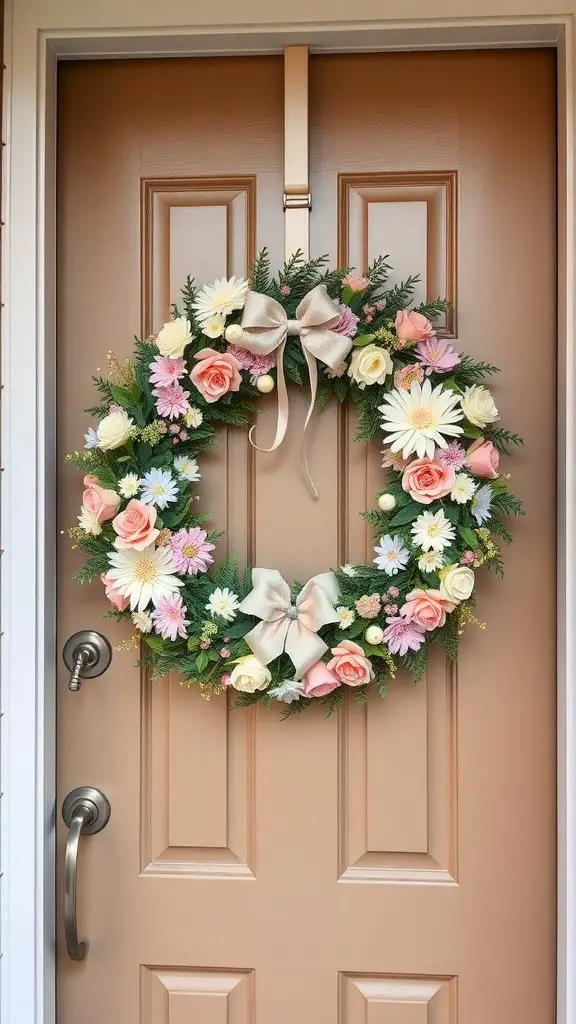 A pastel floral wreath with roses and daisies hanging on a door.
