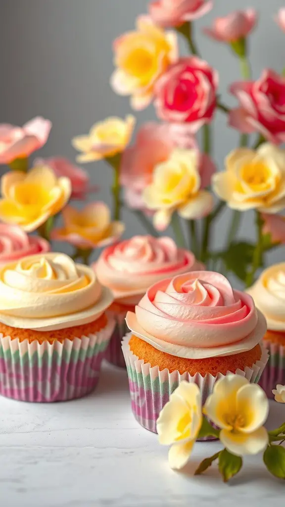 Floral ombre cupcakes with pink and yellow frosting, surrounded by fresh flowers.