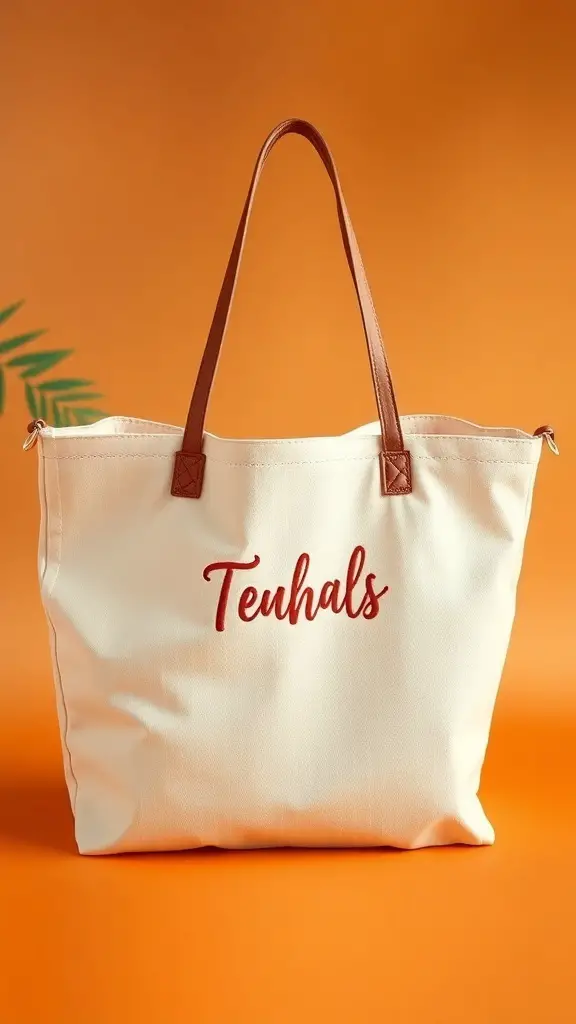 A customized tote bag with the name 'Teuhals' on it, featuring brown leather straps against an orange background.