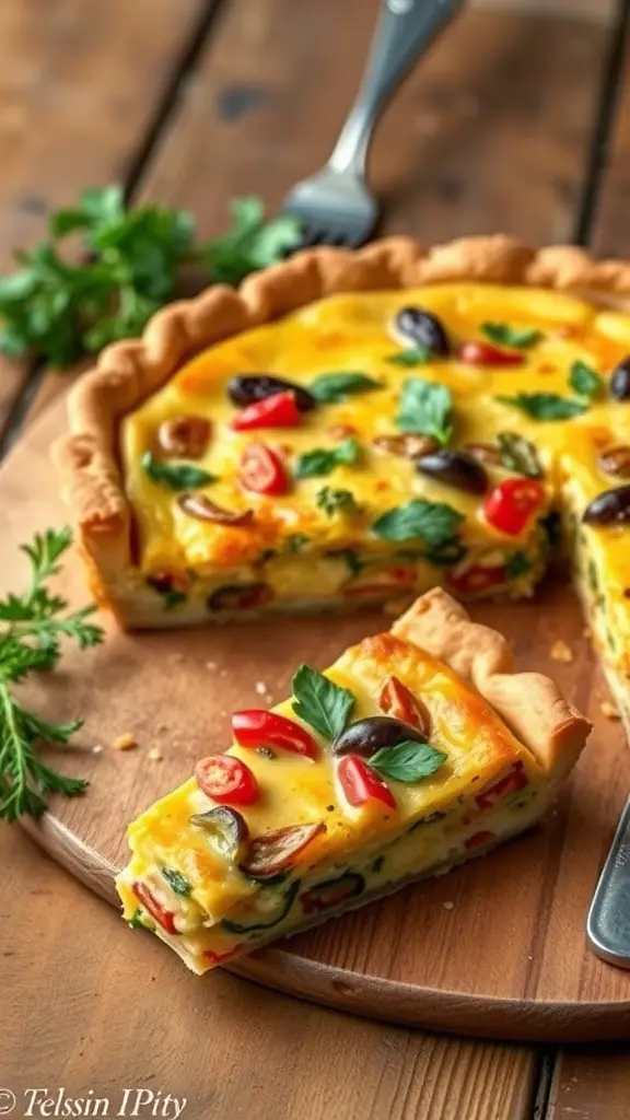A slice of savory quiche with seasonal vegetables on a wooden board.