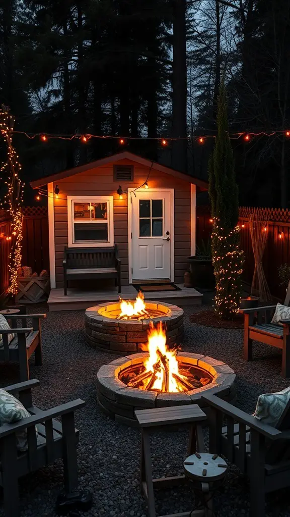 Cozy fire pit area with two fire pits, surrounded by wooden chairs and string lights, creating a warm atmosphere.