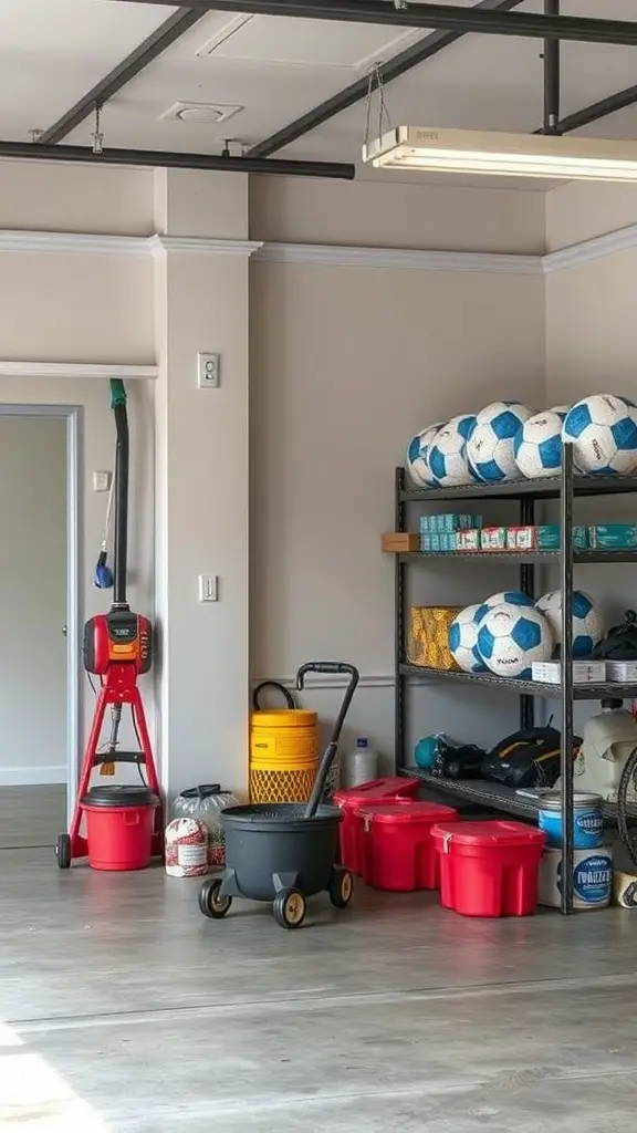 A clean and organized garage with soccer balls on shelves and storage bins.
