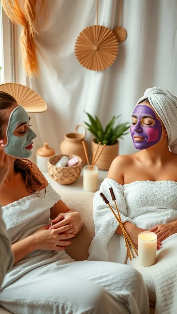 Two women enjoying DIY face masks and spa time together