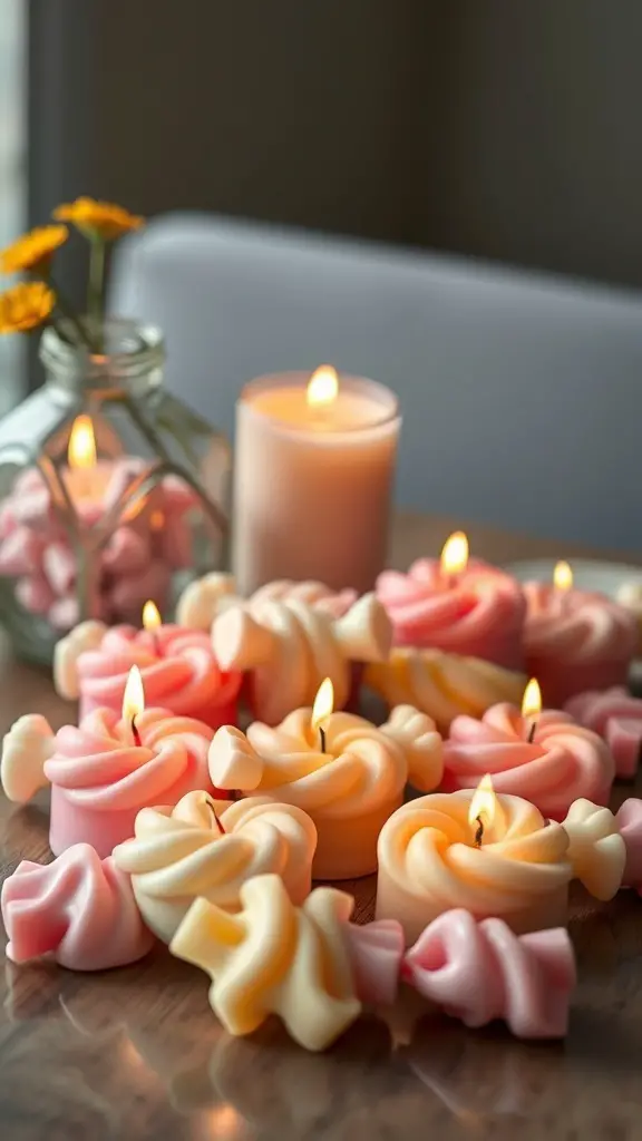 Colorful scented candy candles in various shapes and sizes, with some lit and a jar of candy nearby.