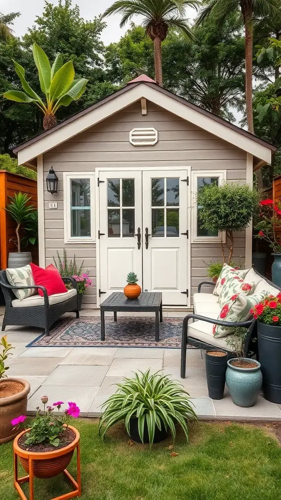 27+ Creative Party Shed Ideas 9 Chic garden lounge with a cozy shed, comfortable seating, and vibrant plants