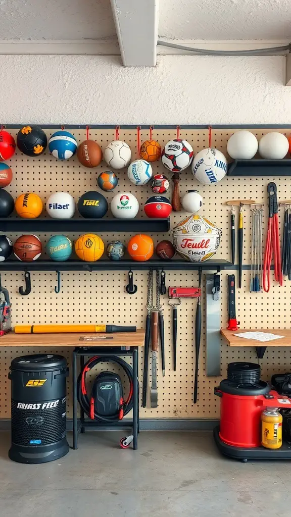 A well-organized garage with various sports balls displayed on a pegboard and tools on shelves.