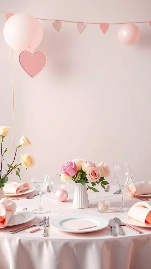 A beautifully set Valentine's Day table with soft pastel colors, featuring roses, balloons, and elegant tableware.