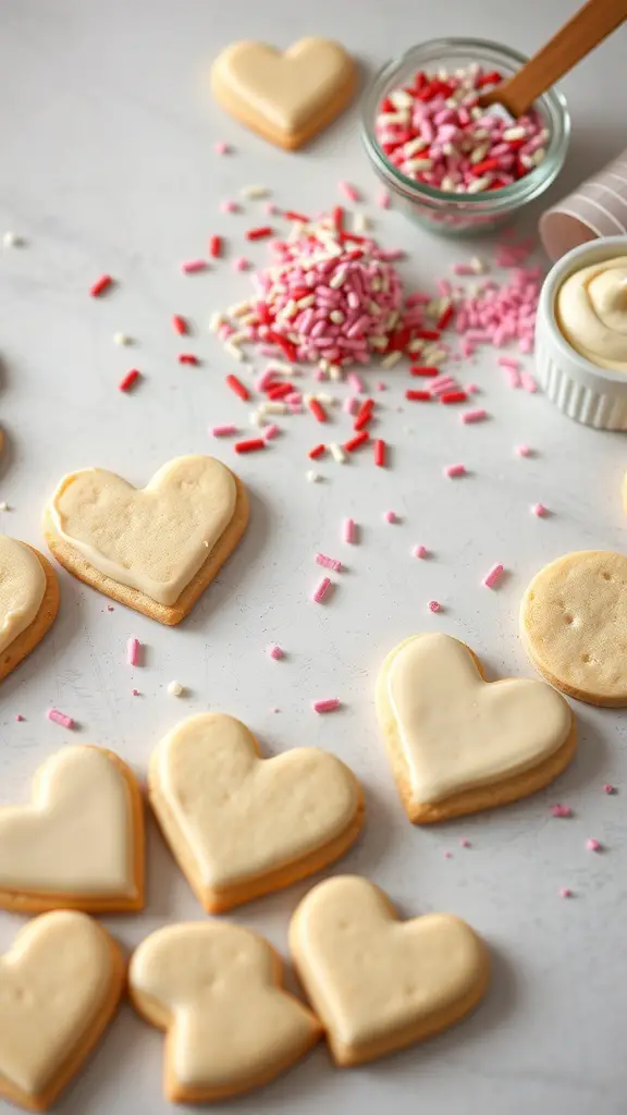 Heart-shaped sugar cookies with icing and colorful sprinkles on a table.
