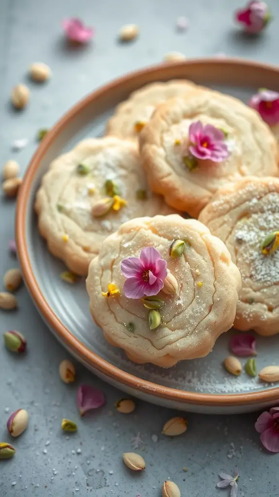 Pistachio sugar cookies decorated with edible flowers and pistachios on a plate.