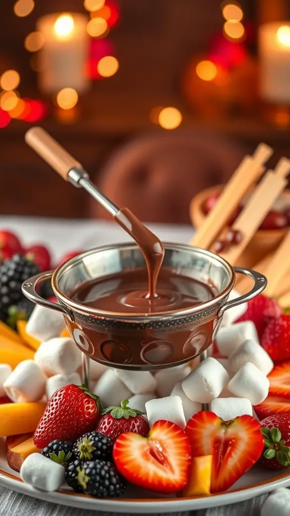 29+ Delightful Valentine's Day Treats to Share with Your Loved One 10 A pot of melted chocolate surrounded by fresh fruits and marshmallows for dipping.