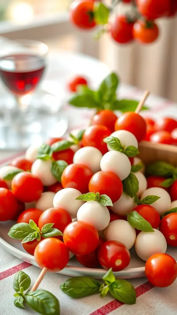 A plate of Caprese salad skewers with cherry tomatoes, mozzarella balls, and fresh basil.