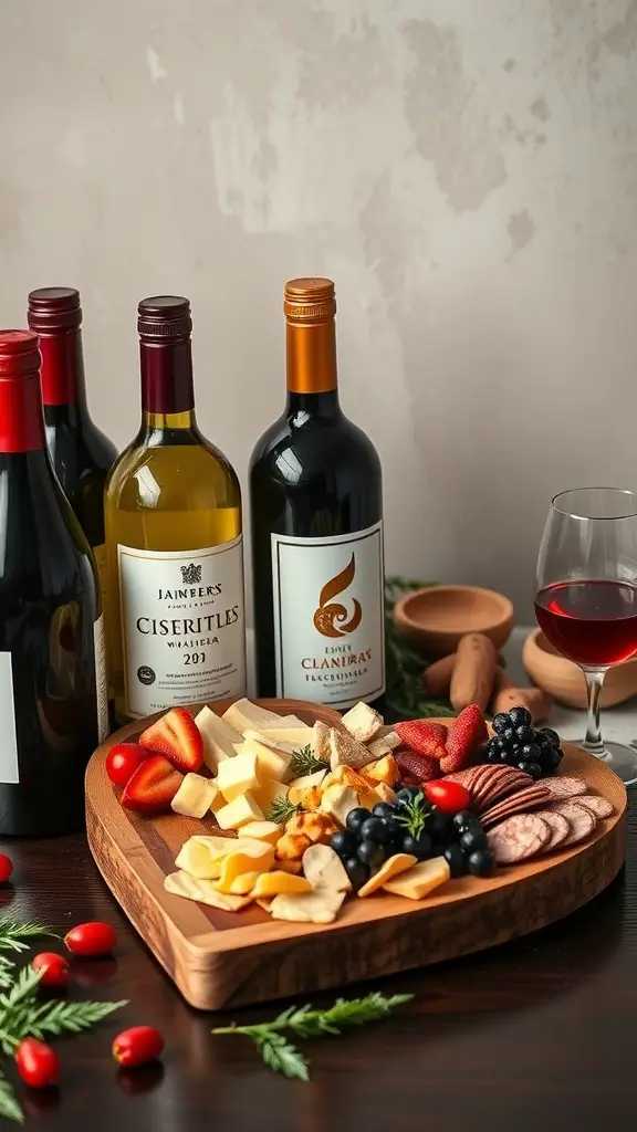 Heart shaped charcuterie board with various cheeses, meats, fruits, and wine bottles