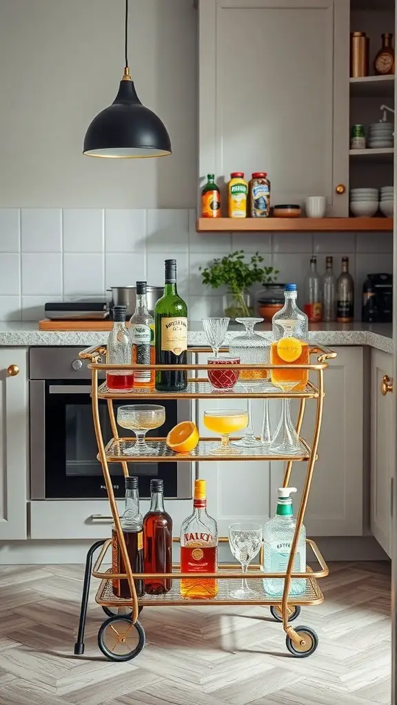 A chic gold bar cart filled with various bottles and glassware in a modern kitchen setting.