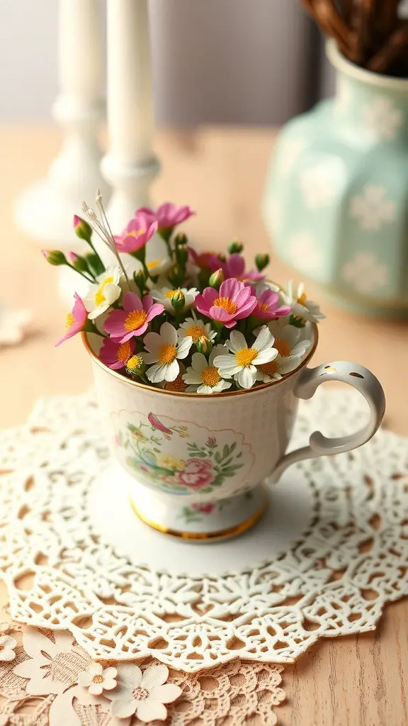 A vintage teacup filled with colorful flowers on a lace doily.