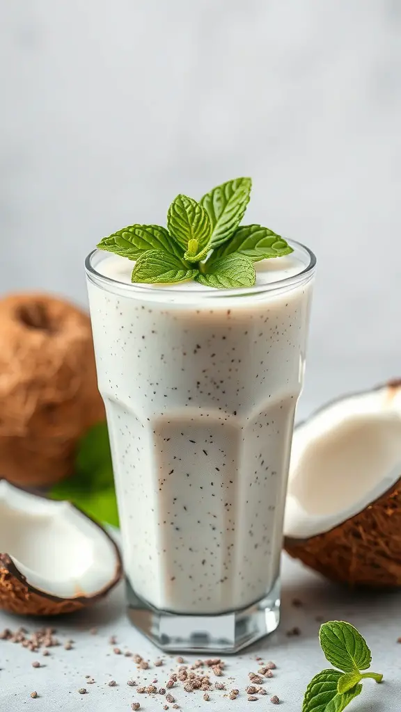 49+ Delicious Spring Breakfast Ideas to Brighten Your Morning 14 A glass of coconut chia seed smoothie garnished with mint leaves, surrounded by coconut shells.