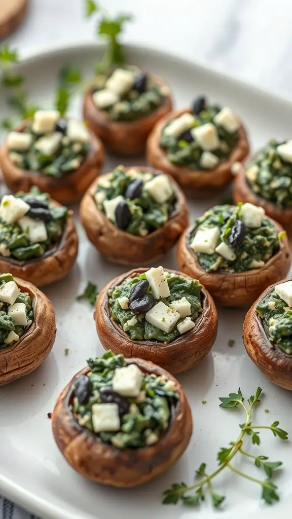 A platter of spinach and feta stuffed mushrooms, showcasing their green filling and brown caps.