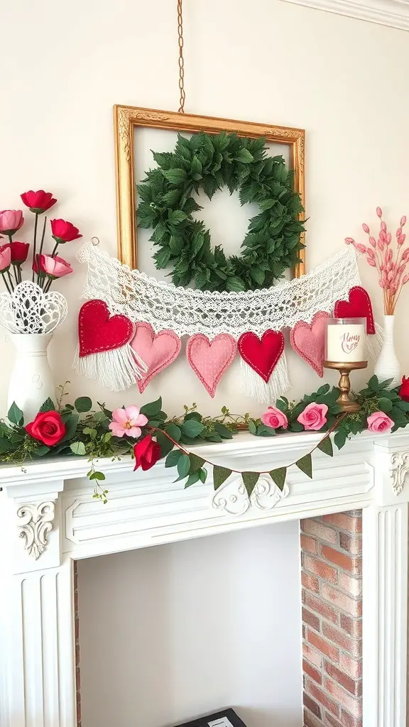 29+ Charming Vintage Valentine Decorations for Your Home 5 A decorative lace heart garland with red and pink hearts hanging above a mantel adorned with flowers and greenery.