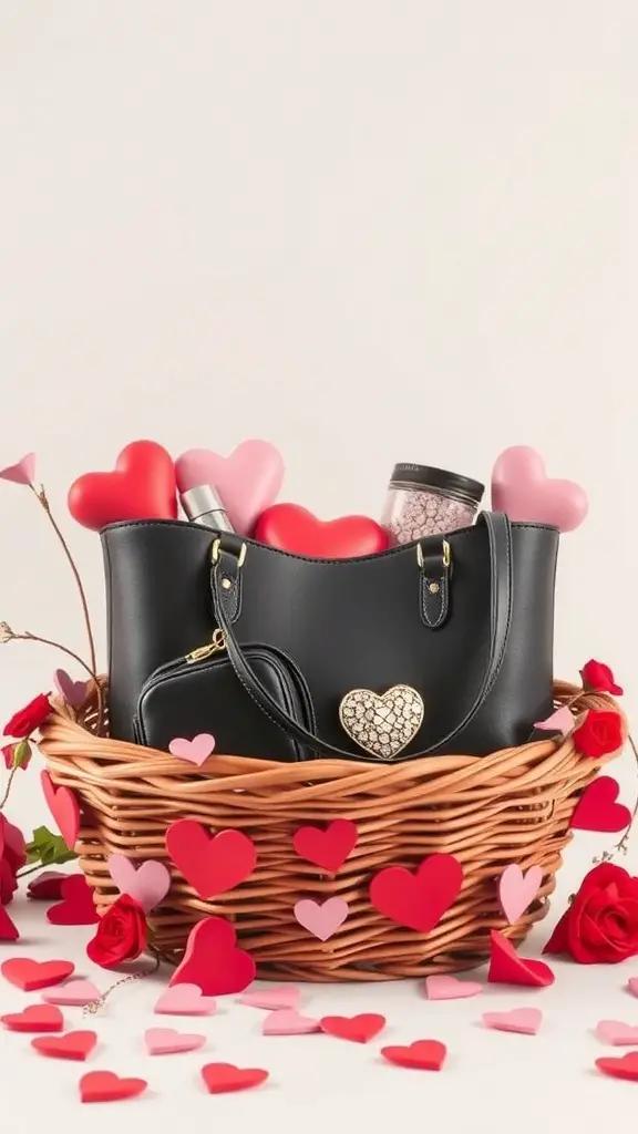 A stylish black tote bag with a heart design, placed in a wicker basket surrounded by heart-shaped decorations and roses.