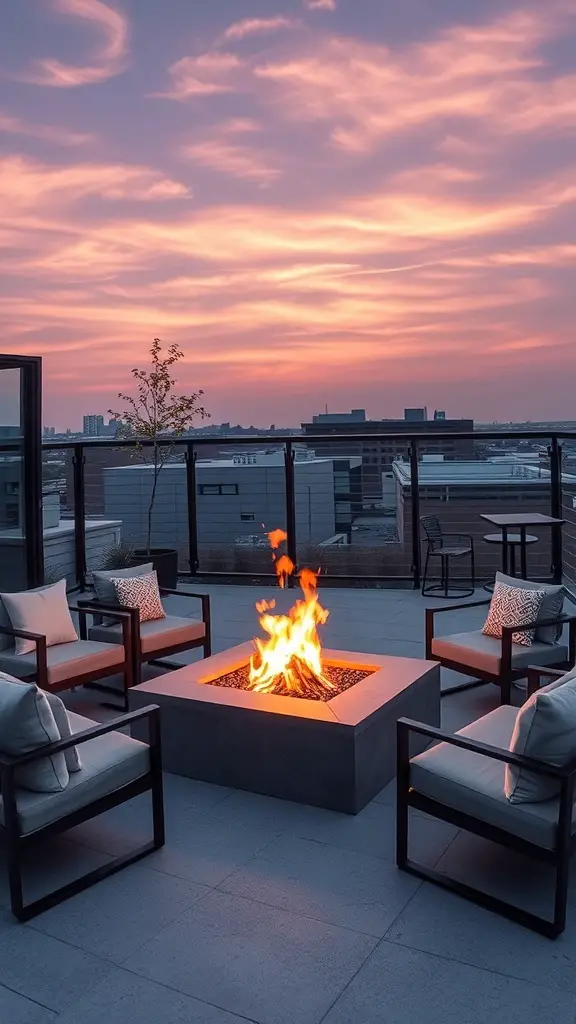 27+ Inspiring Flat Balcony Ideas 3 A cozy flat balcony with a modern fire pit surrounded by comfortable seating, creating a warm and inviting atmosphere for gatherings.