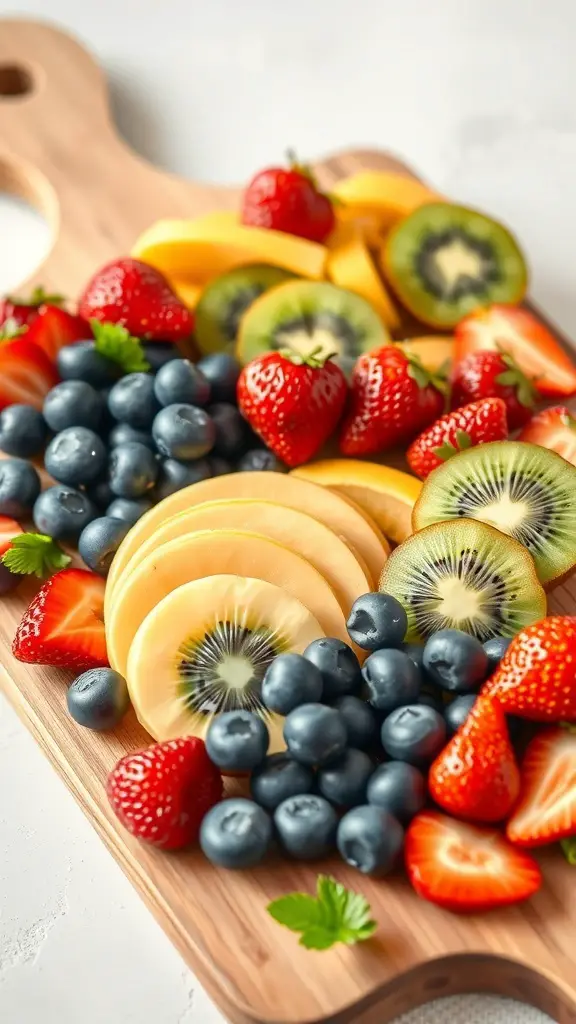 A colorful fruit arrangement featuring strawberries, blueberries, kiwi, and pineapple on a wooden board.