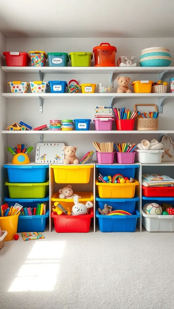 Colorful plastic bins organized on shelves in a playroom, filled with toys and art supplies.