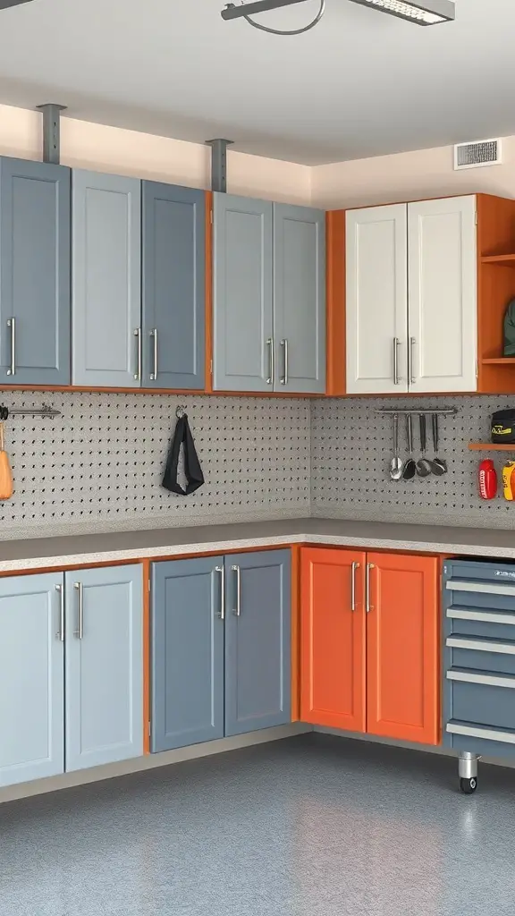 27+ Stylish Garage Cabinet Ideas for an Organized Space 14 Colorful garage cabinets in blue, orange, and white with a modern design.