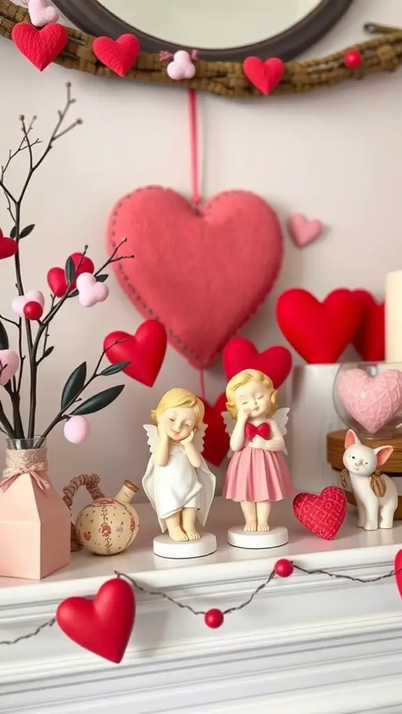Two Cupid figurines on a mantle surrounded by heart decorations