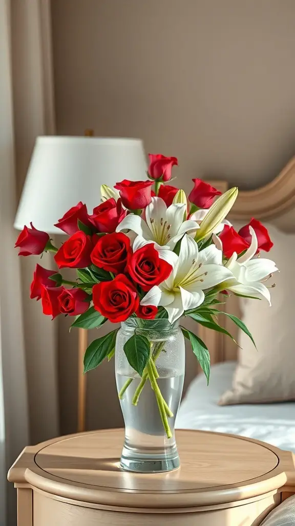 A beautiful floral arrangement of red roses and white lilies in a glass vase on a bedside table.
