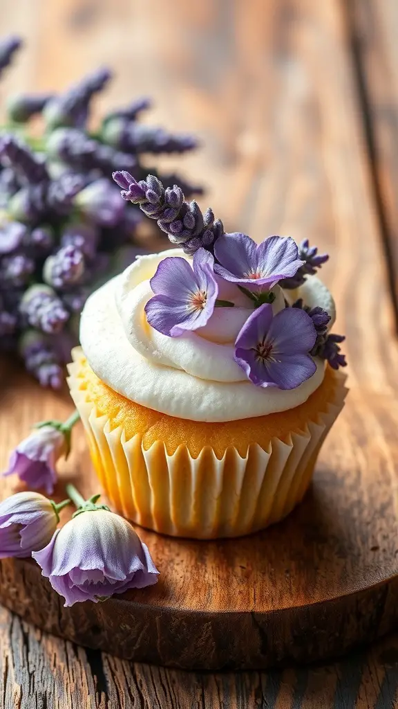 Lavender honey cupcake with fresh lavender flowers on top, placed on a wooden surface.