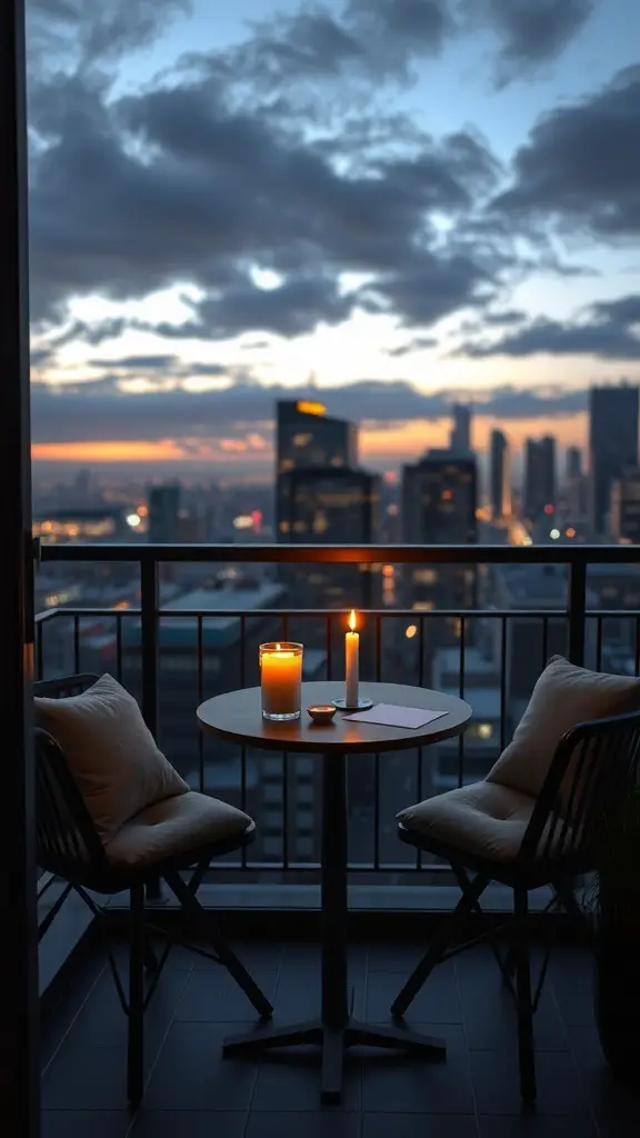 A small round table with two chairs on a balcony overlooking a city skyline at sunset, with candles on the table.