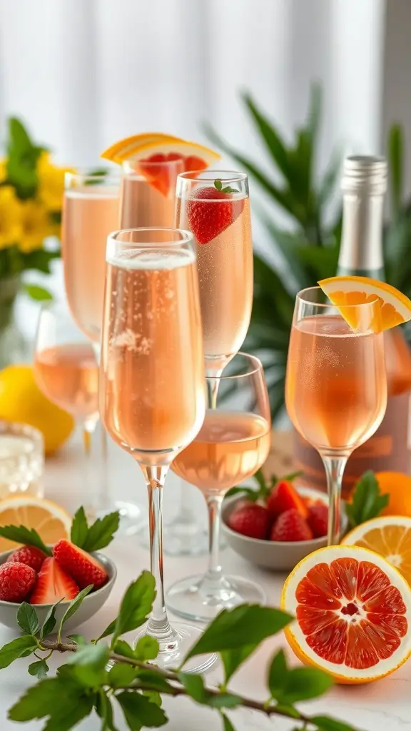 A sparkling rosé mimosa bar with glasses of pink mimosas garnished with strawberries and citrus slices.