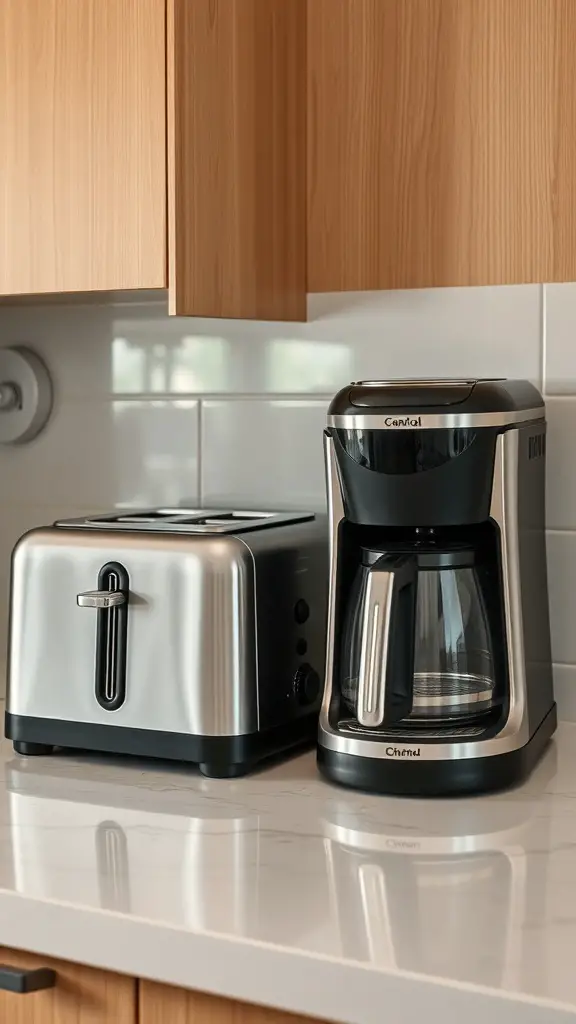 23+ Inspiring Kitchen Counter Styling Ideas to Elevate Your Space 9 A sleek toaster and a modern coffee maker on a kitchen counter.